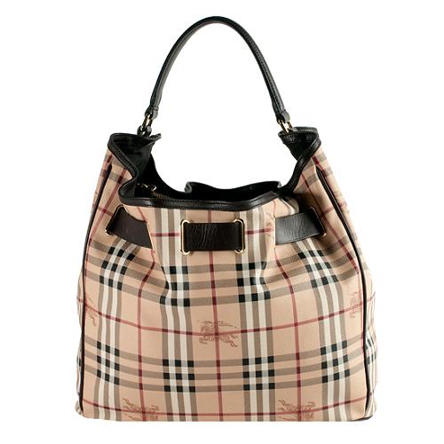 Burberry Haymarket Check Belted Medium Hobo Handbag