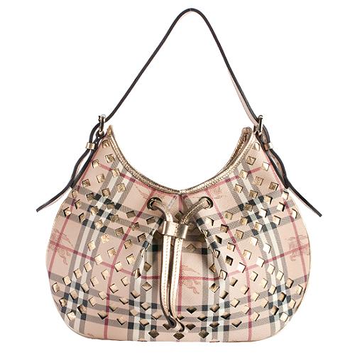 Burberry Haymarket Check Cutout Drawstring Hobo Handbag