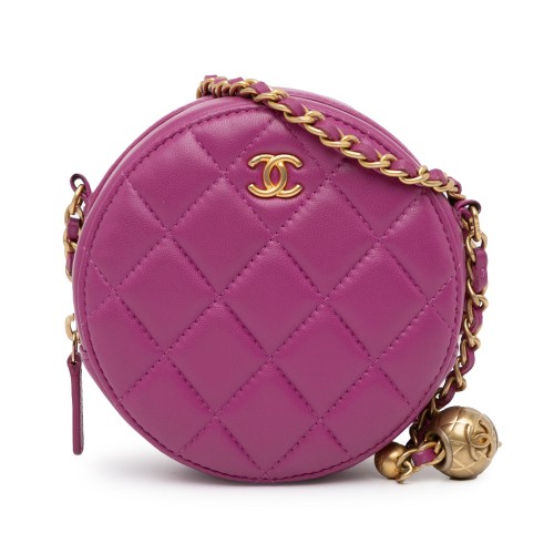 Chanel CC Quilted Lambskin Pearl Crush Round Clutch with Chain