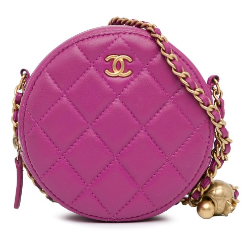 Chanel CC Quilted Lambskin Pearl Crush Round Clutch with Chain