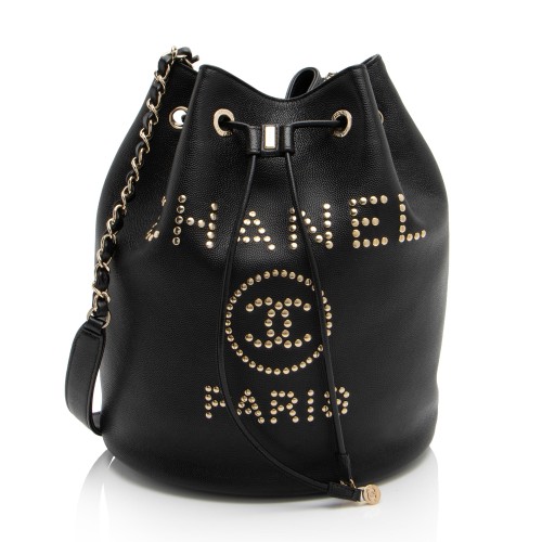 Chanel Caviar Leather Studded CC Deauville Bucket Bag