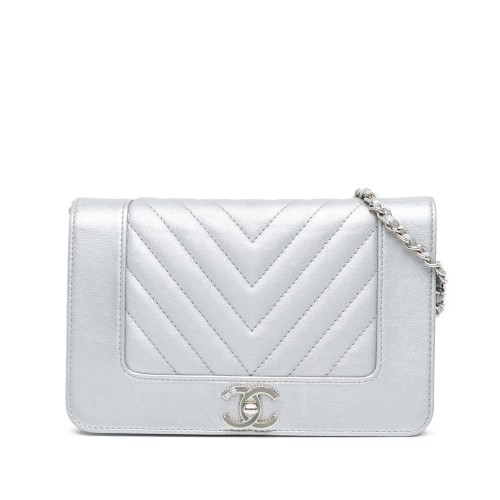 Chanel Chevron Quilted Metallic Lambskin Mademoiselle Wallet On Chain