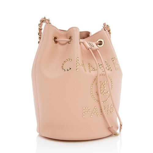 Chanel Grained Calfskin Studded Deauville Drawstring Medium Bucket Bag