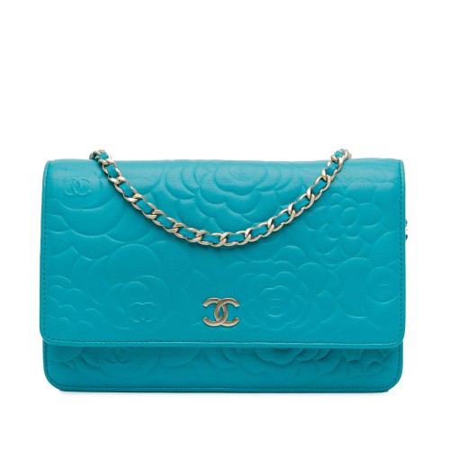 Chanel Lambskin Camellia Embossed Wallet On Chain