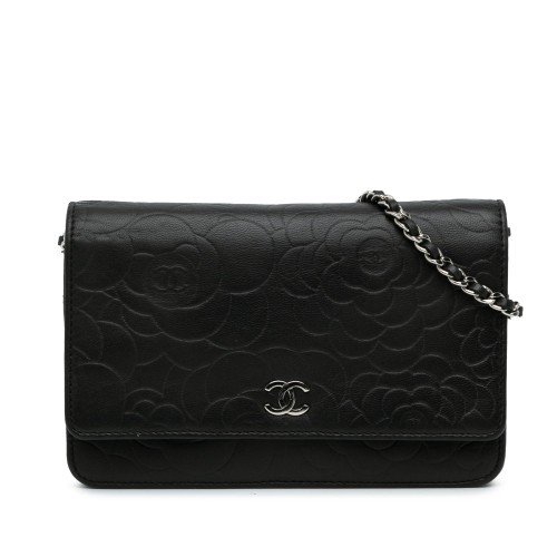 Chanel Lambskin Camellia Embossed Wallet On Chain