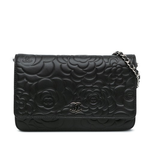 Chanel Lambskin Camellia Embossed Wallet On Chain