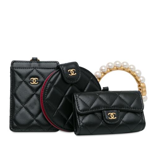 Chanel Lambskin Pearl Crown CC Wristlet Multi Pouches