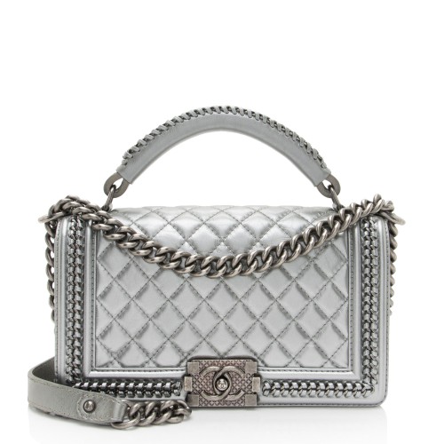 Chanel Metallic Aged Calfskin Chain Top Handle Medium Boy Bag