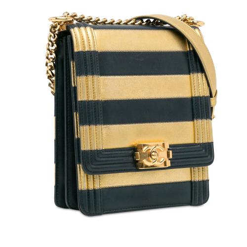 Chanel Metallic Lambskin Striped North South Boy Flap