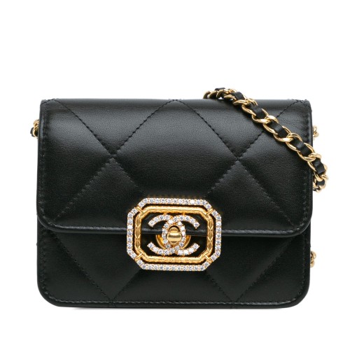 Chanel Quilted Calfskin Strass Card Holder On Chain