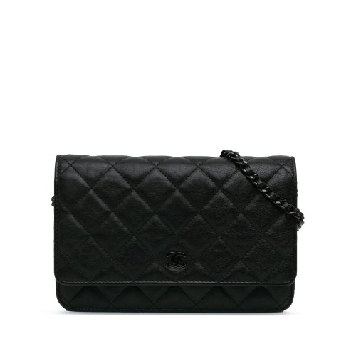 Chanel Quilted Crumpled Calfskin So Black Wallet On Chain