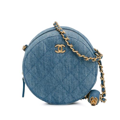 Chanel Quilted Denim Pearl Crush Round Clutch with Chain