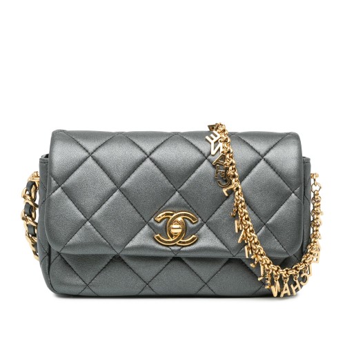 Chanel Quilted Metallic Lambskin Logo Charm Chain Flap