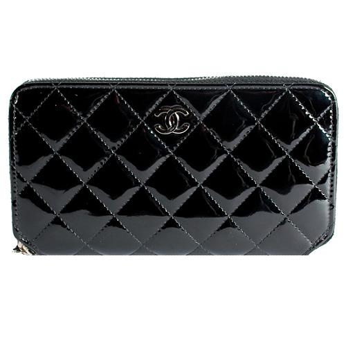 Chanel Quilted Patent Leather Zip Around Wallet