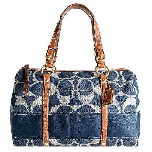 Coach Signature Stripe Denim Satchel Handbag with Matching Wallet and Pouch