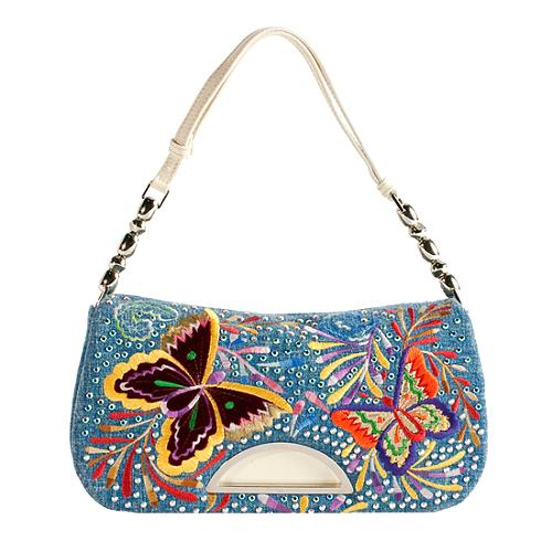 Dior Embroidered Denim Malice Butterfly Shoulder Handbag