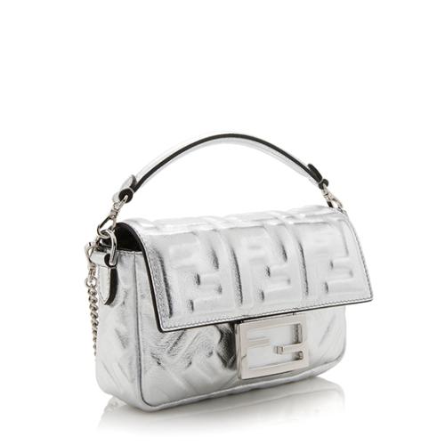 Fendi FF Embossed Metallic Leather Baguette Shoulder Bag