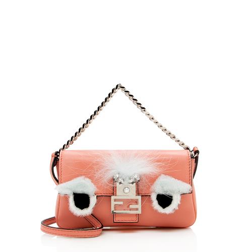 Fendi Nappa Leather Fox Fur Crystal Micro Buggie Baguette Bag