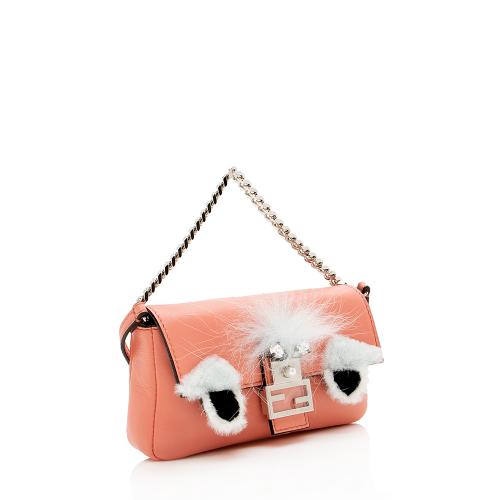 Fendi Nappa Leather Fox Fur Crystal Micro Buggie Baguette Bag