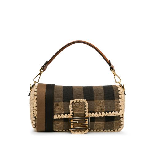 Fendi Pequin Gingham Canvas And Raffia Baguette Satchel