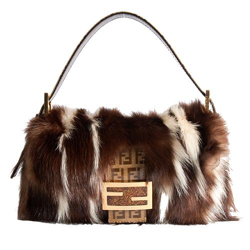 Fendi Striped Skunk Fur Baguette Shoulder Handbag