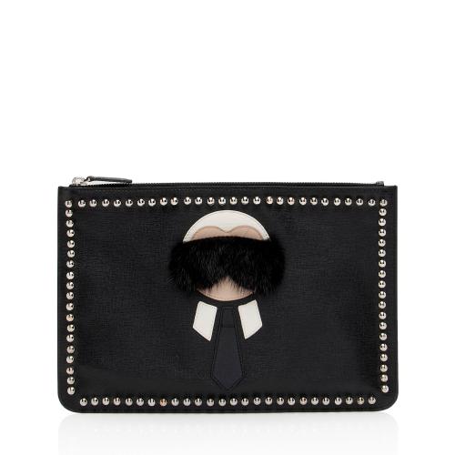 Fendi Studded Leather Mink Karlito Zip Pouch