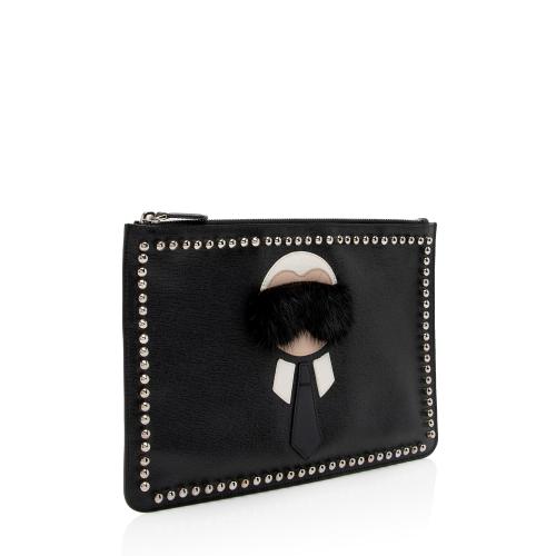 Fendi Studded Leather Mink Karlito Zip Pouch