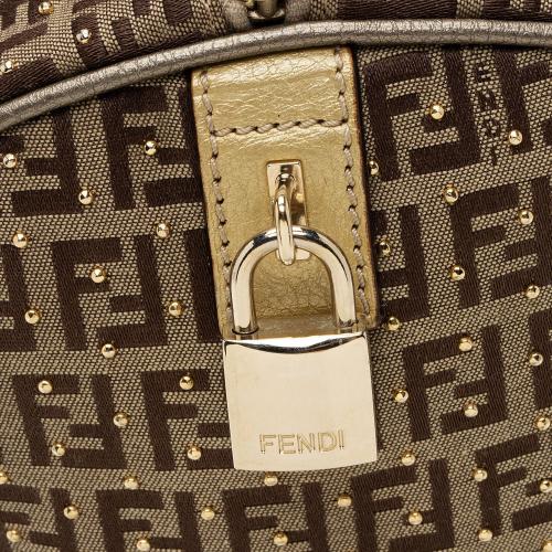 Fendi Studded Zucchino Leather Small Boston Bag