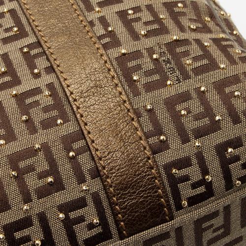 Fendi Studded Zucchino Leather Small Boston Bag