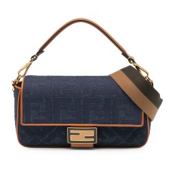 Fendi Zucca Embroidered Denim Baguette Satchel