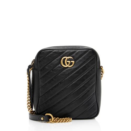 Gucci Diagonal Matelasse Leather GG Marmont Double Zip Mini Camera Bag