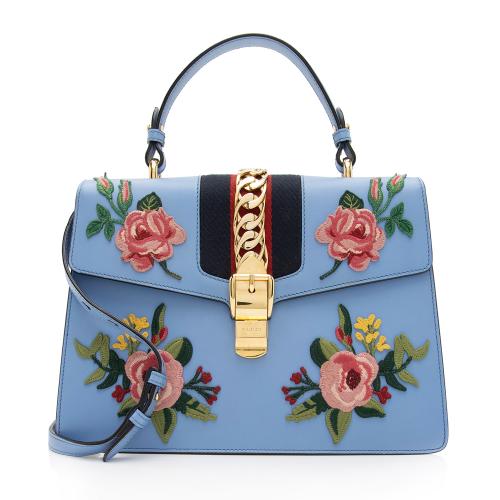 Gucci Embroidered Leather Floral Sylvie Top Handle