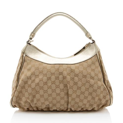 Gucci GG Canvas Metallic Leather D Ring Medium Hobo