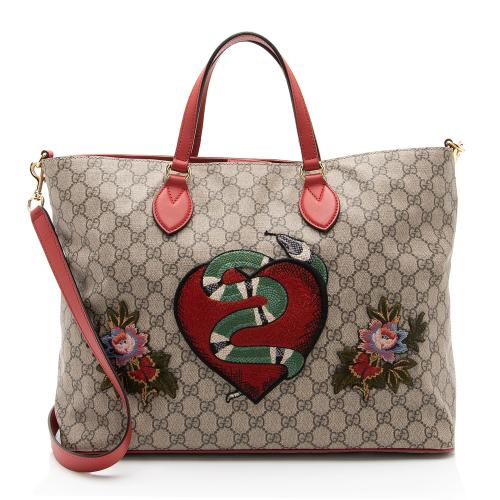 Gucci GG Supreme Embroidered Kingsnake Heart Soft Courrier Tote