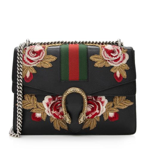 Gucci Leather Embroidered Rose Dionysus Medium Shoulder Bag