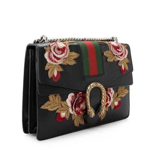 Gucci Leather Embroidered Rose Dionysus Medium Shoulder Bag