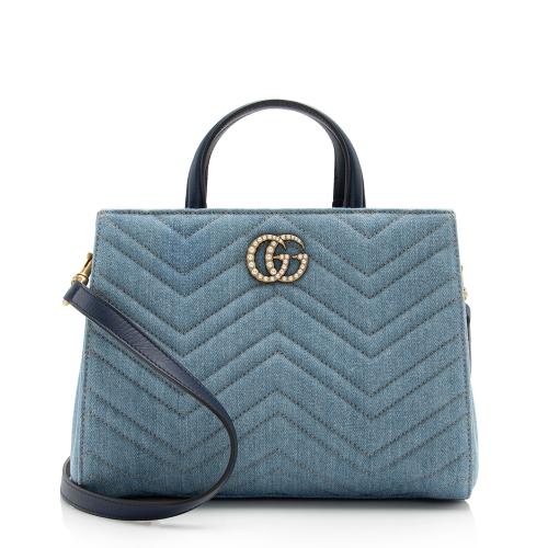 Gucci Matelasse Denim Pearl GG Marmont Small Tote