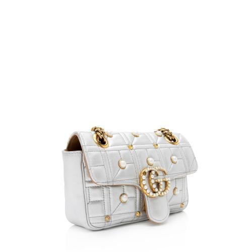 Gucci Metallic Matelasse Leather Pearl GG Marmont Mini Flap Bag - FINAL SALE