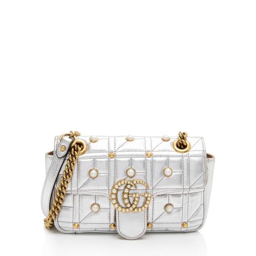 Gucci Metallic Matelasse Leather Pearl GG Marmont Mini Flap Bag