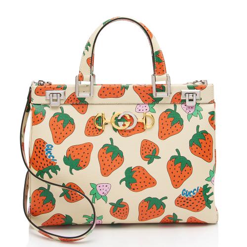 Gucci Printed Leather Strawberry Zumi Medium Tote