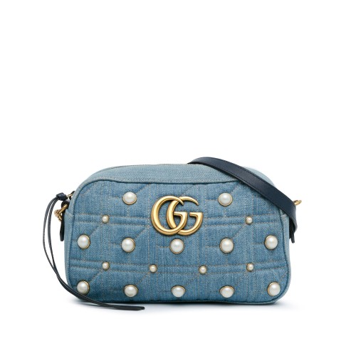 Gucci Small GG Marmont Pearl Studded Denim Crossbody Bag