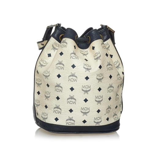 MCM Visetos Leather Drawstring Bucket Bag