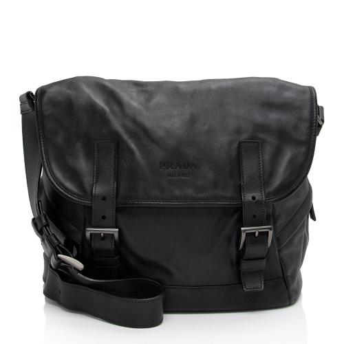 Prada Leather Double Buckle Flap Messenger Bag