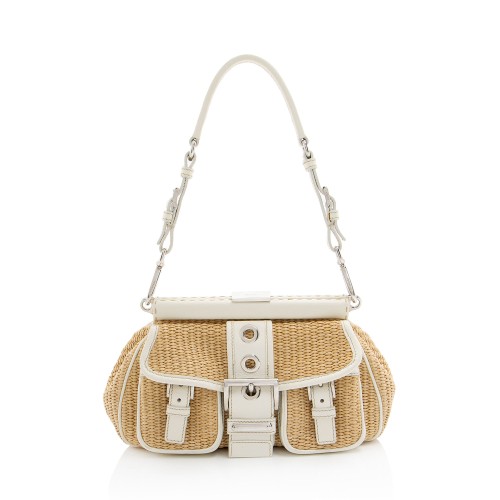 Prada Raffia Leather Framed Buckle Shoulder Bag