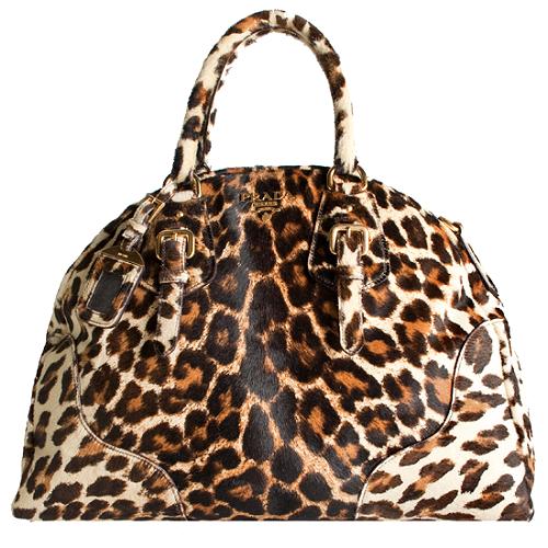 Prada Leopard Calf Hair Large Bowler Satchel Handbag