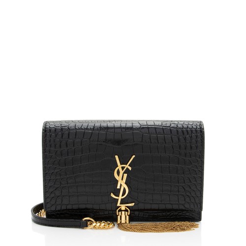 Saint Laurent Croc Embossed Leather Monogram Kate Tassel Chain Wallet