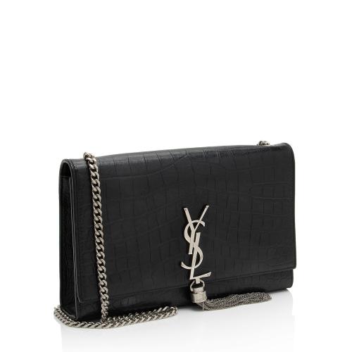 Saint Laurent Croc Embossed Leather Monogram Kate Tassel Medium Shoulder Bag