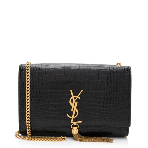 Saint Laurent Croc Embossed Leather Monogram Kate Tassel Medium Shoulder Bag