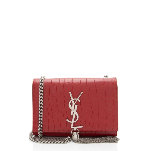 Saint Laurent Croc Embossed Leather Monogram Kate Tassel Mini Shoulder Bag