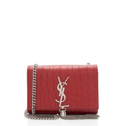 Saint Laurent Croc Embossed Leather Monogram Kate Tassel Mini Shoulder Bag